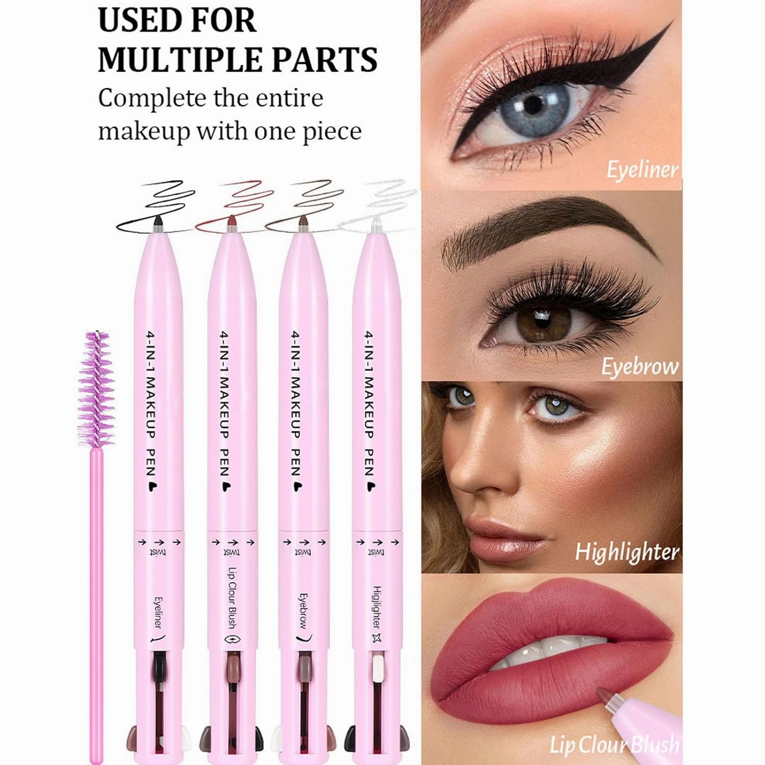 Eternaljoymart Eyebrow Pen, Eternaljoymart 4 in 1 Makeup Pen, 4 Color Multi Use Makeup Beauty Pens - Eyeliner, Lip Liner, Brow Pencil and Highlighter, Waterproof, Long Lasting (#1 #3)
