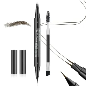 Eyebrow Pencil Curved Eyebrow Pen - Microblading Eyebrow Pen 2-in-1 Dual-Ended with 2-Fork-Tip & Precise Brush-Tip with Eyebrow Brush, Waterproof Natural Brow for Women (Black Brown)