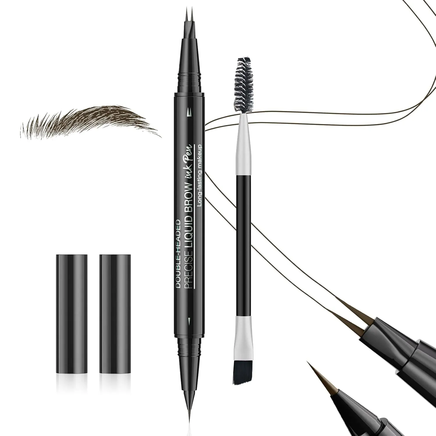 Eyebrow Pencil Curved Eyebrow Pen - Microblading Eyebrow Pen 2-in-1 Dual-Ended with 2-Fork-Tip & Precise Brush-Tip with Eyebrow Brush, Waterproof Natural Brow for Women (Black Brown)