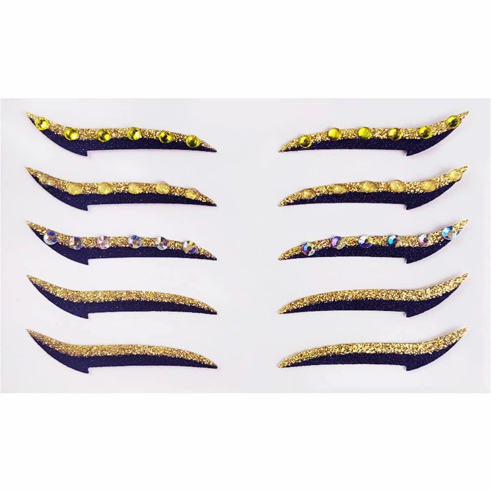 Eyeliner Sticker, 5 Pairs Glitter Eyeliner Stickers with Rhinestones Instant Adhesive Eye Line Strip Reusable Eyeshadow Stickers (Gold)