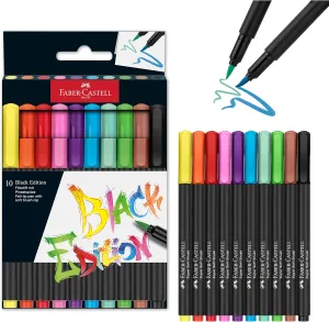 Faber-Castell Black Edition Felt Tip Pen with Soft Brush Nib: 10 Colors - Brush Tip Markers for Adult Coloring, Lettering, and Drawing, Calligraphy Brush Pen for Artists