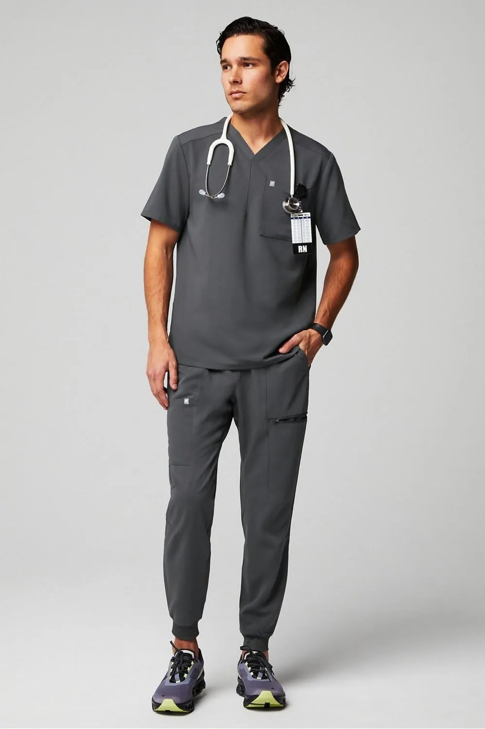 Fabletics Men's Helix 1-Pocket Scrub Top - MotionTech, Wrinkle-Resist, Chest Pocket, Anti-Shrink, Semi-Slim Fit