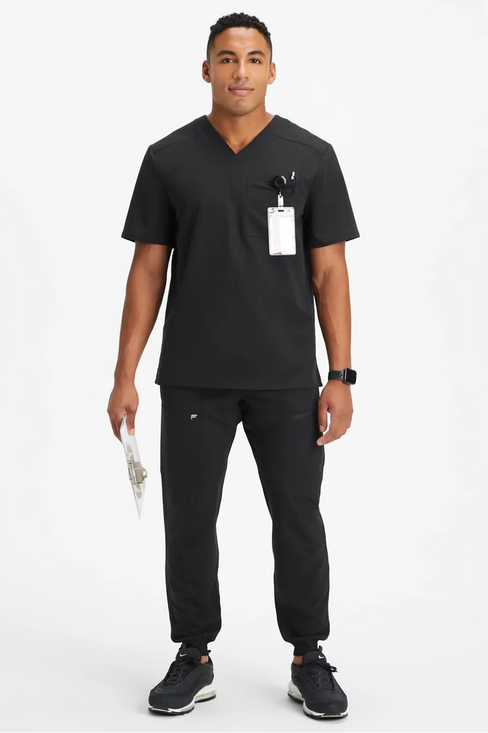 Fabletics Men's Helix 1-Pocket Scrub Top - MotionTech, Wrinkle-Resist, Chest Pocket, Anti-Shrink, Semi-Slim Fit
