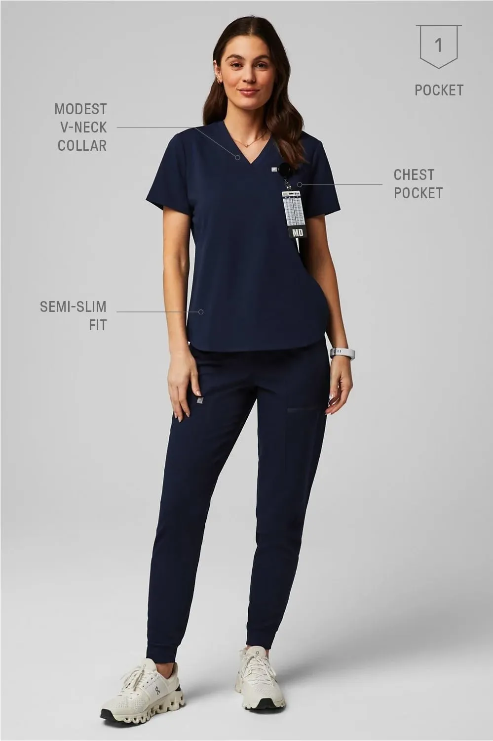 Fabletics Women's Vital 1-Pocket Scrub Top - MotionTech, Wrinkle-Resist, Chest Pocket, Anti-Shrink, Semi-Slim Fit