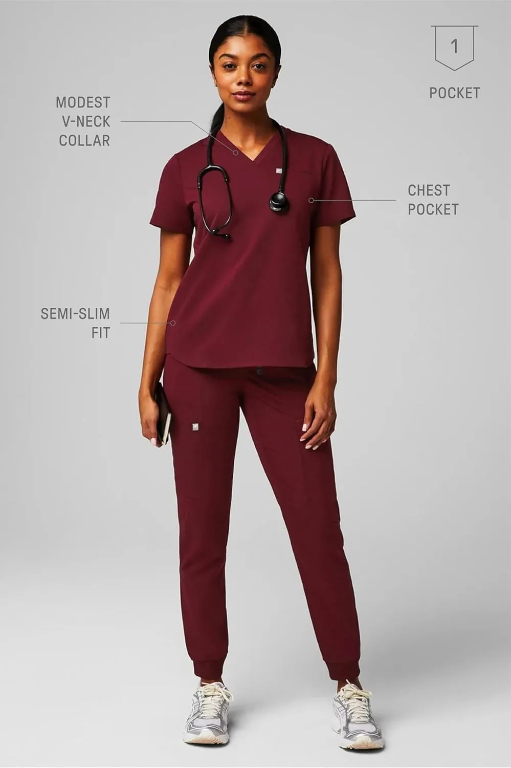 Fabletics Women's Vital 1-Pocket Scrub Top - MotionTech, Wrinkle-Resist, Chest Pocket, Anti-Shrink, Semi-Slim Fit