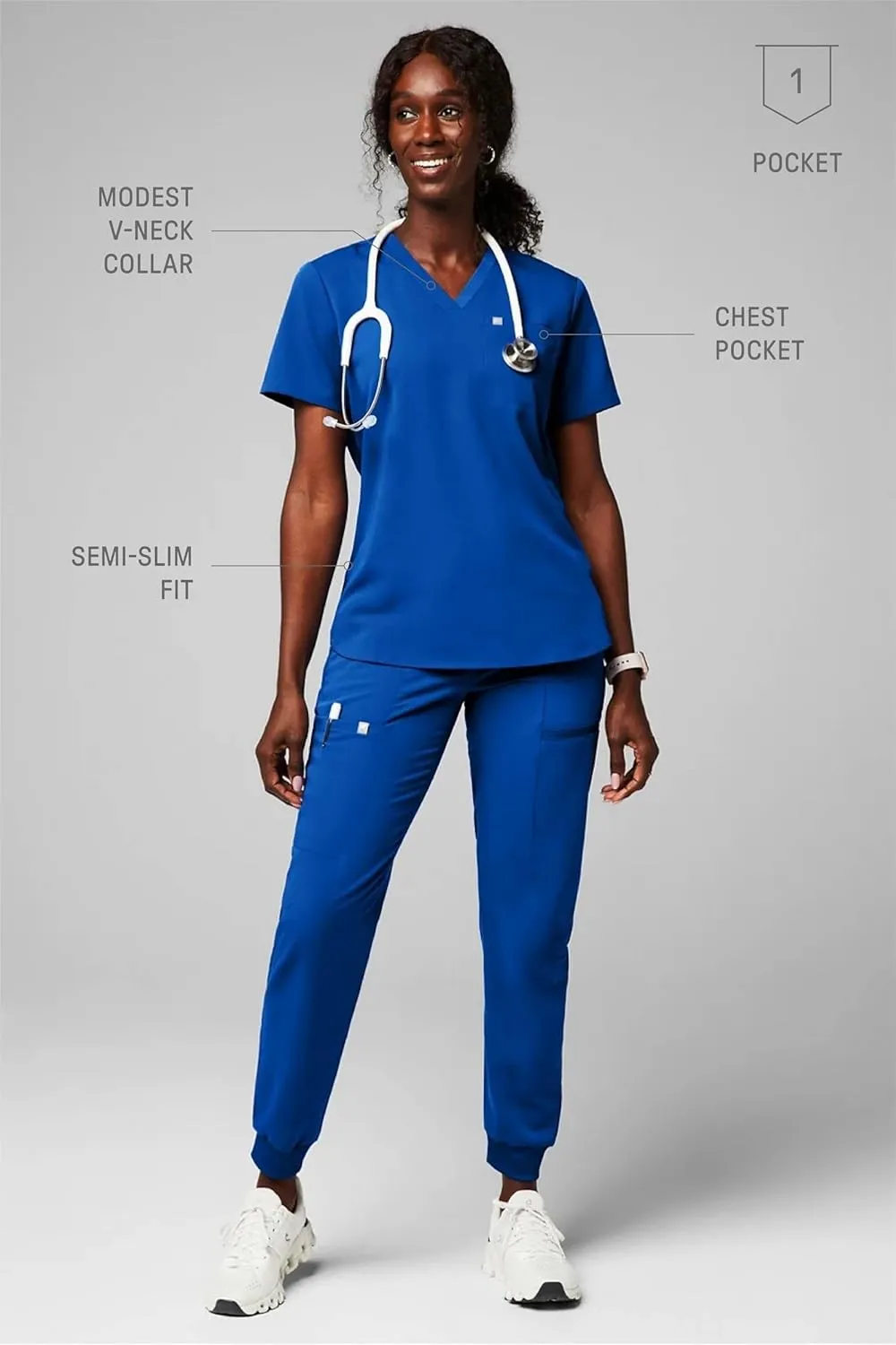 Fabletics Women's Vital 1-Pocket Scrub Top - MotionTech, Wrinkle-Resist, Chest Pocket, Anti-Shrink, Semi-Slim Fit