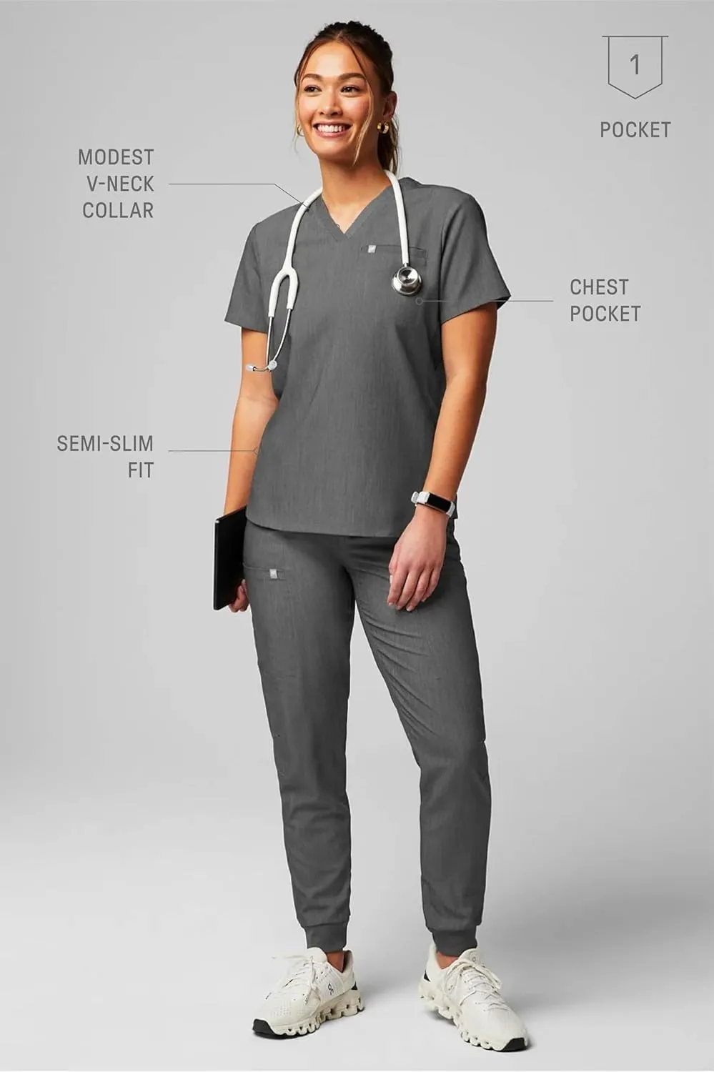 Fabletics Women's Vital 1-Pocket Scrub Top - MotionTech, Wrinkle-Resist, Chest Pocket, Anti-Shrink, Semi-Slim Fit