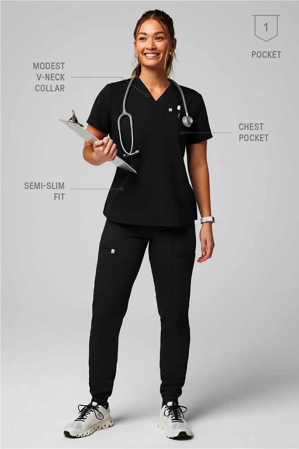 Fabletics Women's Vital 1-Pocket Scrub Top - MotionTech, Wrinkle-Resist, Chest Pocket, Anti-Shrink, Semi-Slim Fit