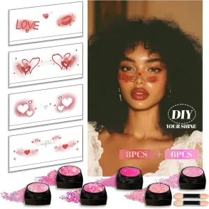 Face Glitter, Pink Body Glitter Gel - Long-Lasting Holographic Glitter for Hair, Face, Body, Shimmer Eyeshadow, 8PCS DIY Heart Love Temporary Tattoos, Valentine's Day Gifts for Girlfriend