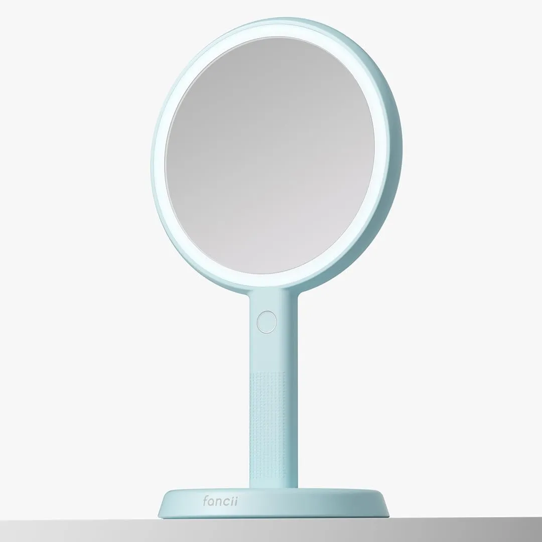 Fancii Cami Handheld Travel Makeup Mirror with Lights, Rechargeable, Extra Large, Double Sided 5X / 1x Magnifying Mirror - 3 Color Lighting, Handheld or Vanity (Blue Fluff)