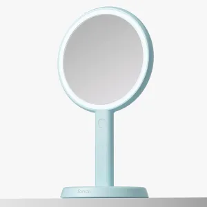 Fancii Cami Handheld Travel Makeup Mirror with Lights, Rechargeable, Extra Large, Double Sided 5X / 1x Magnifying Mirror - 3 Color Lighting, Handheld or Vanity (Blue Fluff)