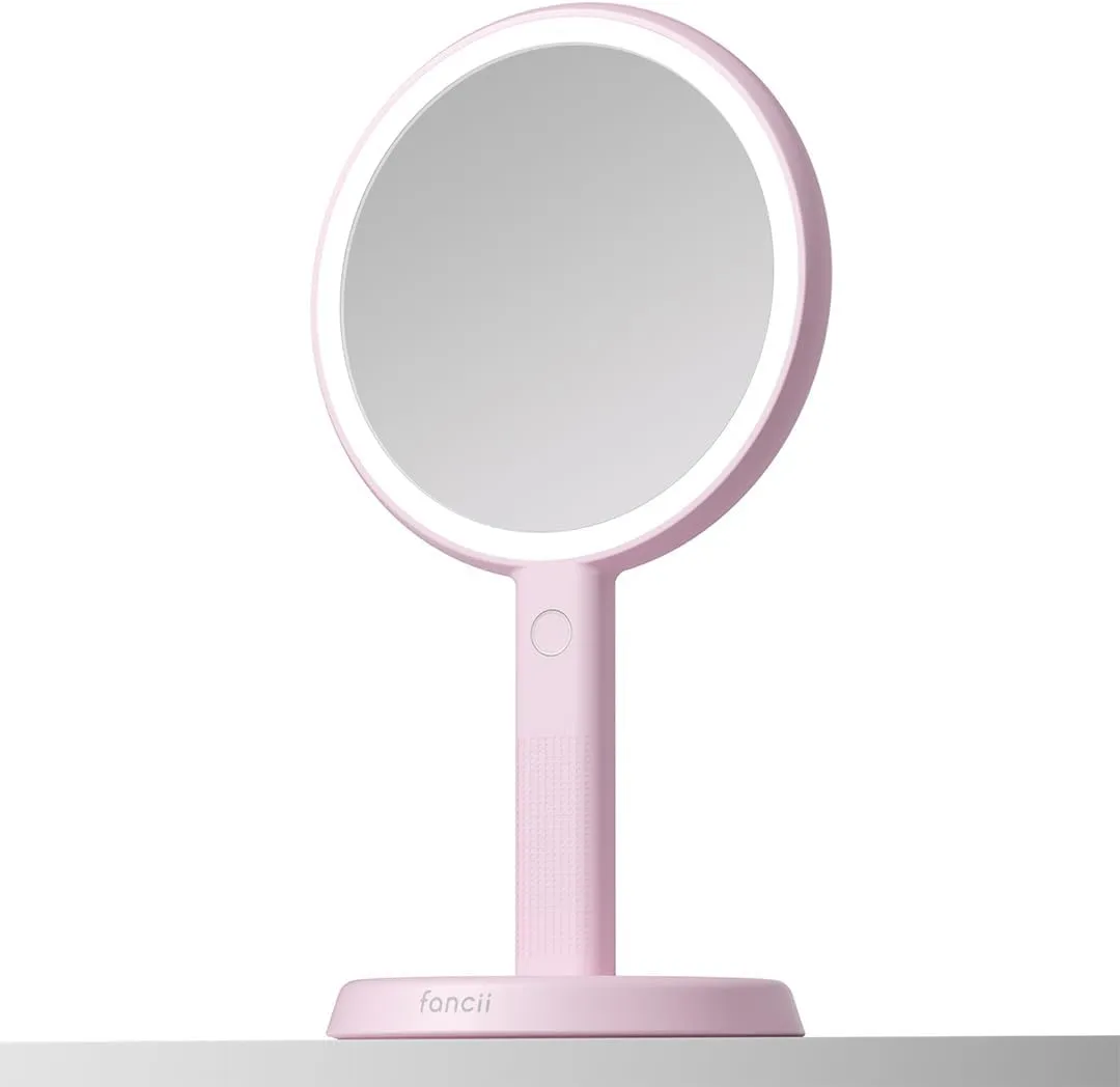 Fancii Cami Handheld Travel Makeup Mirror with Lights, Rechargeable, Extra Large, Double Sided 5X / 1x Magnifying Mirror - 3 Color Lighting, Handheld or Vanity (Strawberry Cream)