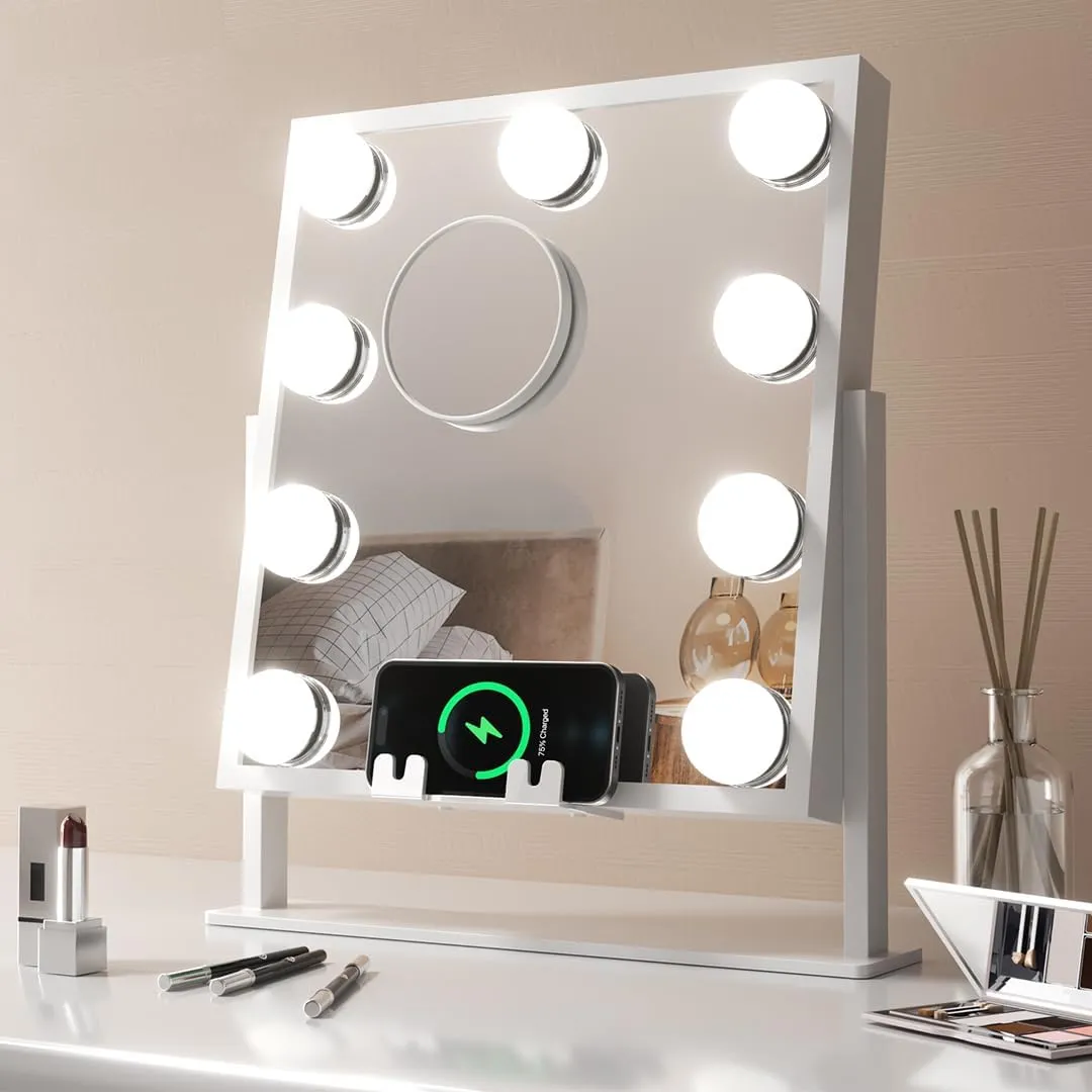 Fancii Vanity Mirror with Lights, BT Speajer, Wireless Charging - Detachable 10X Magnifying Mirror, 9 Hollywood Bulbs, LED Lighted Makeup Mirror with Phone Stand, 3 Color Modes, Adjustable Tilt
