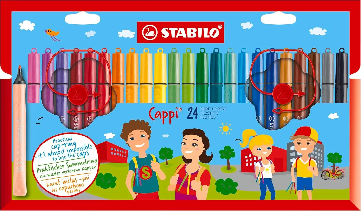 Fiber-Tip Pen with Cap-Ring - STABILO Cappi - Pack of 24 - Assorted Colors   2 Cap-Rings