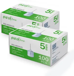 Fine Insulin Pen Needles (32G 5mm) - Diabetic Needles for Insulin Injections, Ultra Fine Compatible with Most Diabetes Pens - 100 Ct, Pack of 2