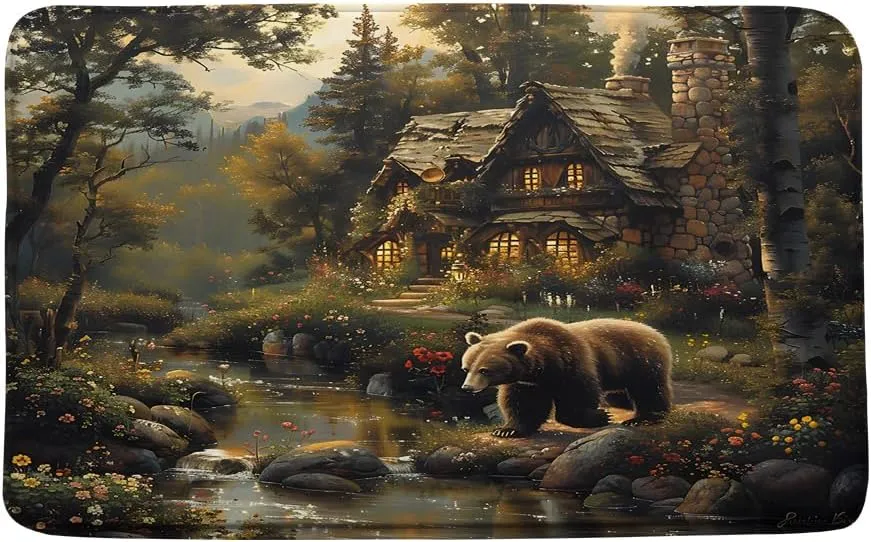 Forest Bear Bath Mat Rustic Cabin Wildlife Hunting Animal Farmhouse Country Jungle Adventure Mountain Stream Fairy Tale World 3 Pieces Bathroom Doormat Rugs Set Toilet Seat Cover U-Shaped Floor Mat
