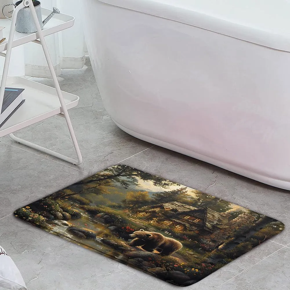 Forest Bear Bath Mat Rustic Cabin Wildlife Hunting Animal Farmhouse Country Jungle Adventure Mountain Stream Fairy Tale World 3 Pieces Bathroom Doormat Rugs Set Toilet Seat Cover U-Shaped Floor Mat
