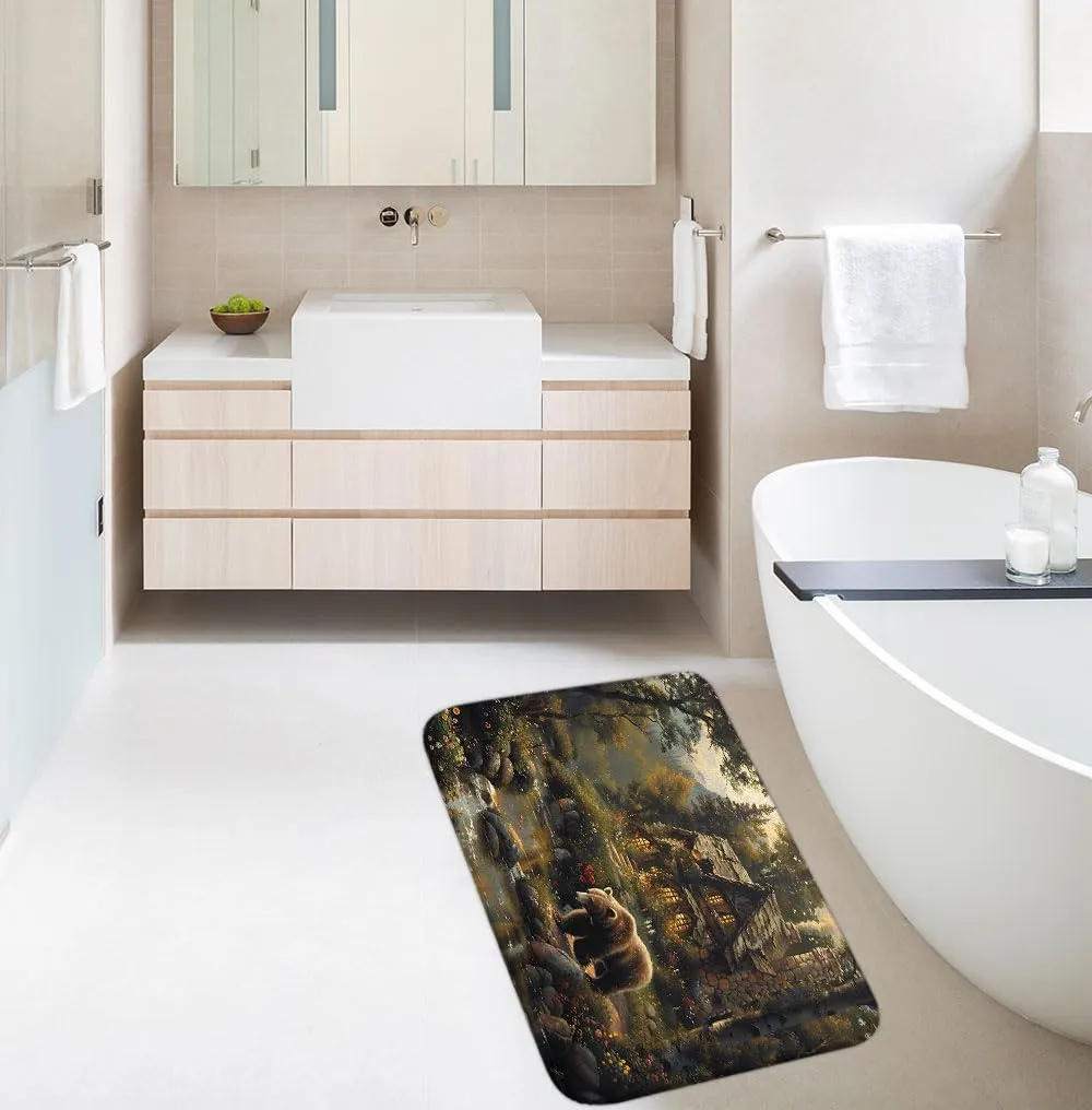 Forest Bear Bath Mat Rustic Cabin Wildlife Hunting Animal Farmhouse Country Jungle Adventure Mountain Stream Fairy Tale World 3 Pieces Bathroom Doormat Rugs Set Toilet Seat Cover U-Shaped Floor Mat