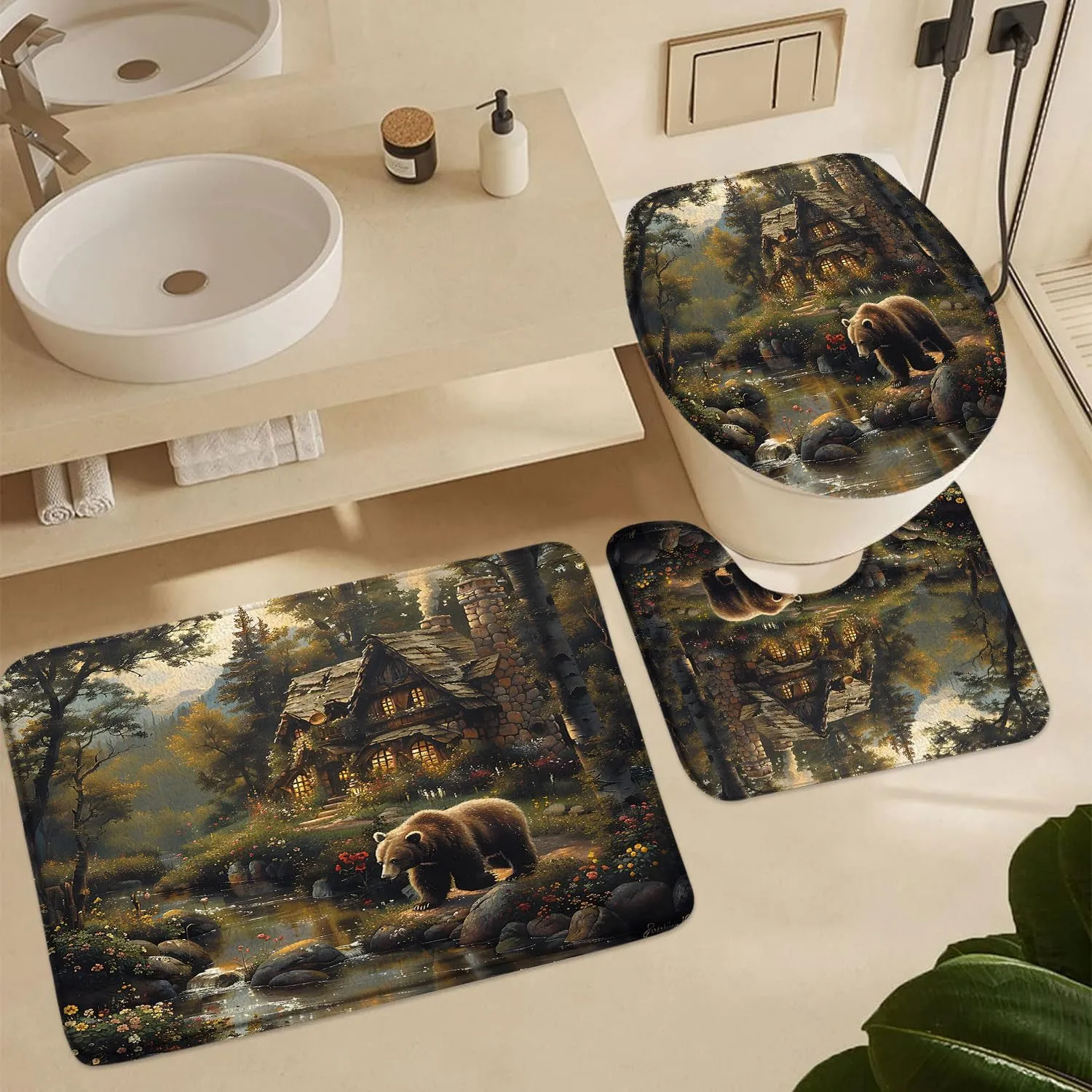 Forest Bear Bath Mat Rustic Cabin Wildlife Hunting Animal Farmhouse Country Jungle Adventure Mountain Stream Fairy Tale World 3 Pieces Bathroom Doormat Rugs Set Toilet Seat Cover U-Shaped Floor Mat