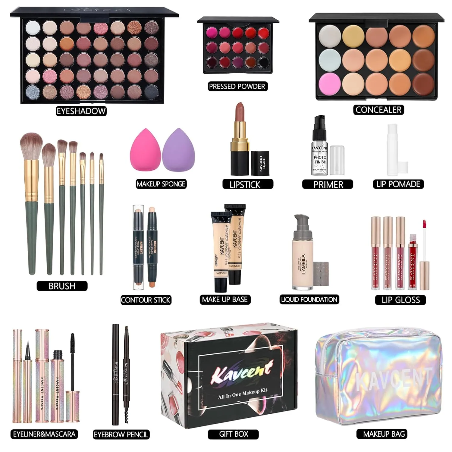 Full Makeup Kit for Girls - Eyeshadow Palette, Lip Gloss & Lipstick, Makeup Brushes, Foundation, Concealer, Mascara, Powder, Makeup Bag
