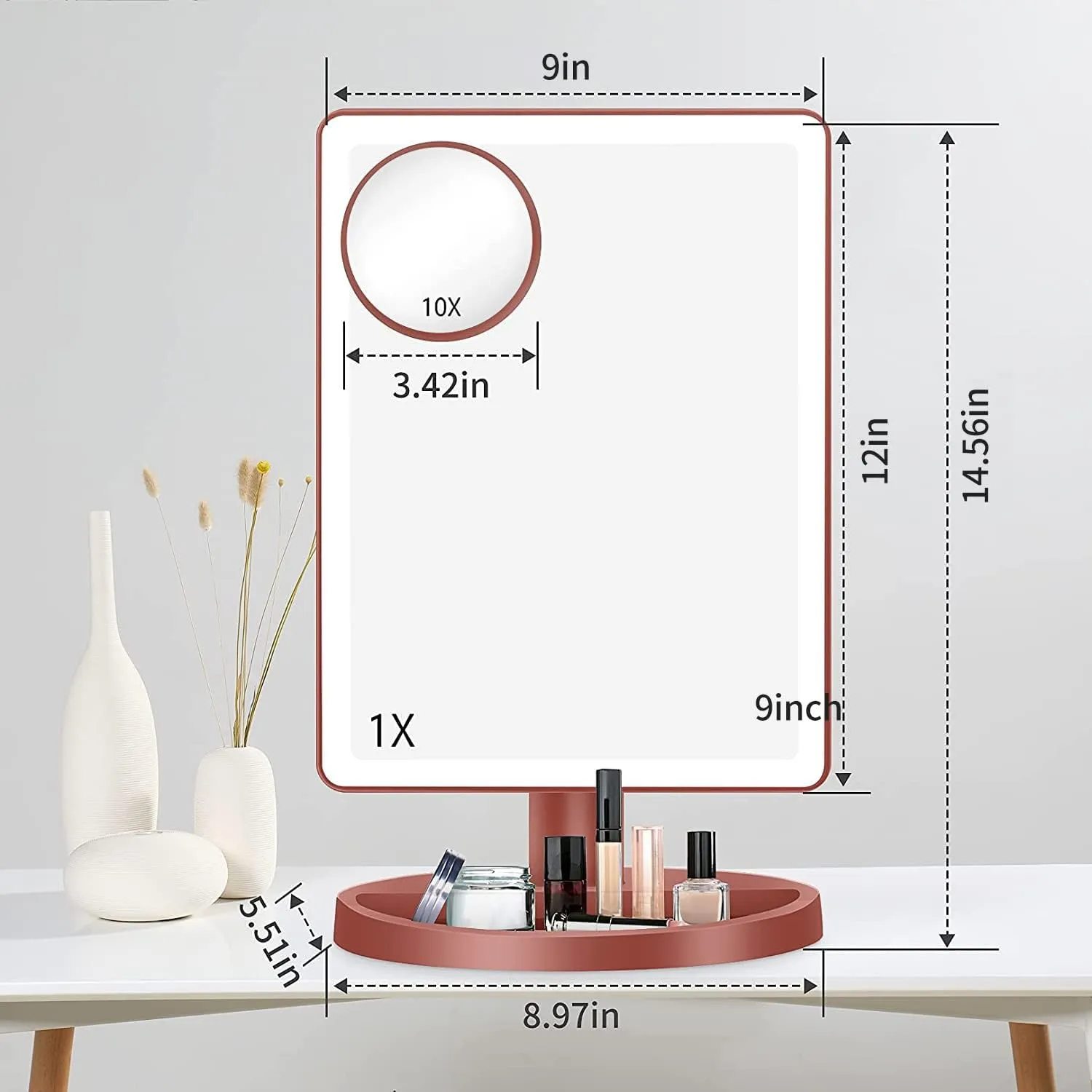 Funtouch Large Lighted Vanity Makeup Mirror, 14.56 in x 8.97 in, 88 LED, 360 Rotation Touch Screen, 10X Magnification Tabletop Cosmetic Make Up Mirror, Rose Gold