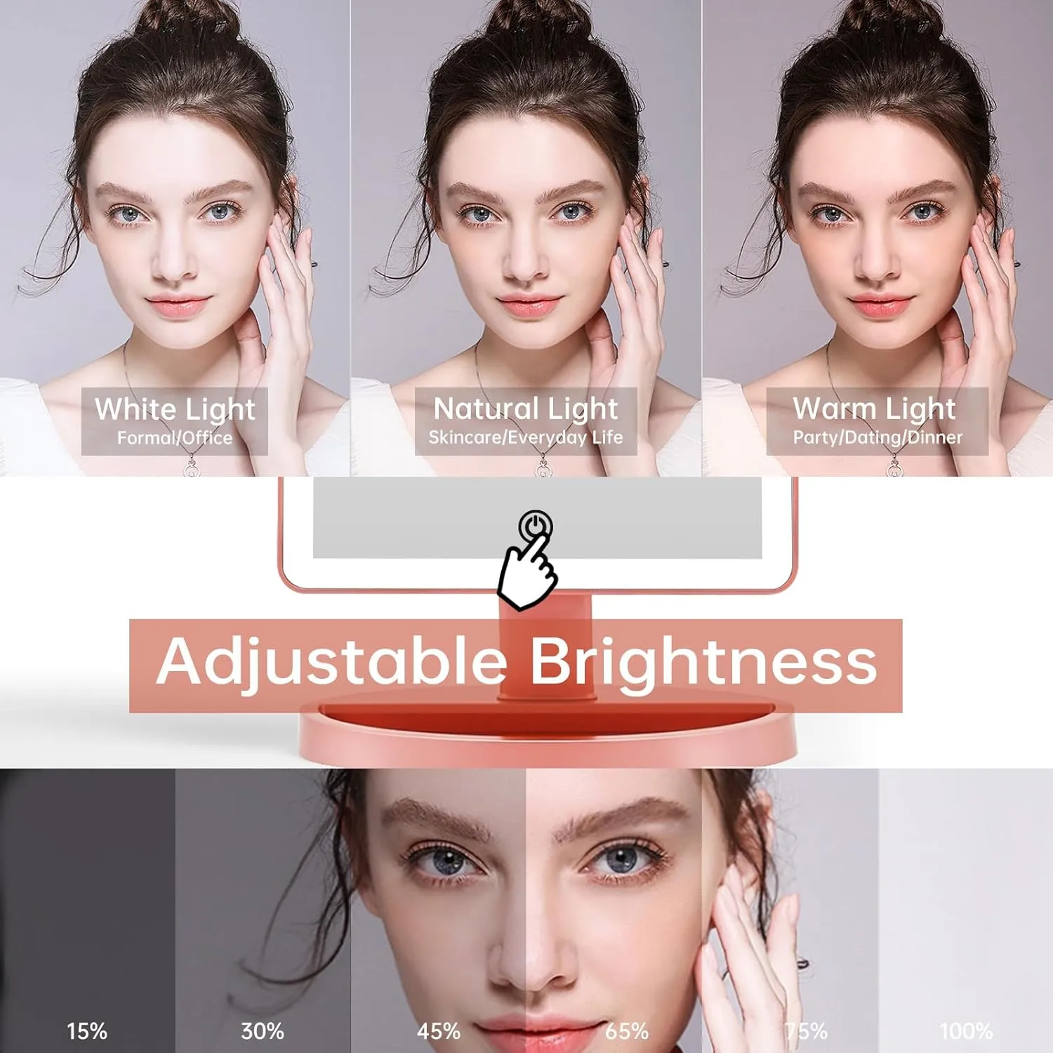 Funtouch Large Lighted Vanity Makeup Mirror, 14.56 in x 8.97 in, 88 LED, 360 Rotation Touch Screen, 10X Magnification Tabletop Cosmetic Make Up Mirror, Rose Gold