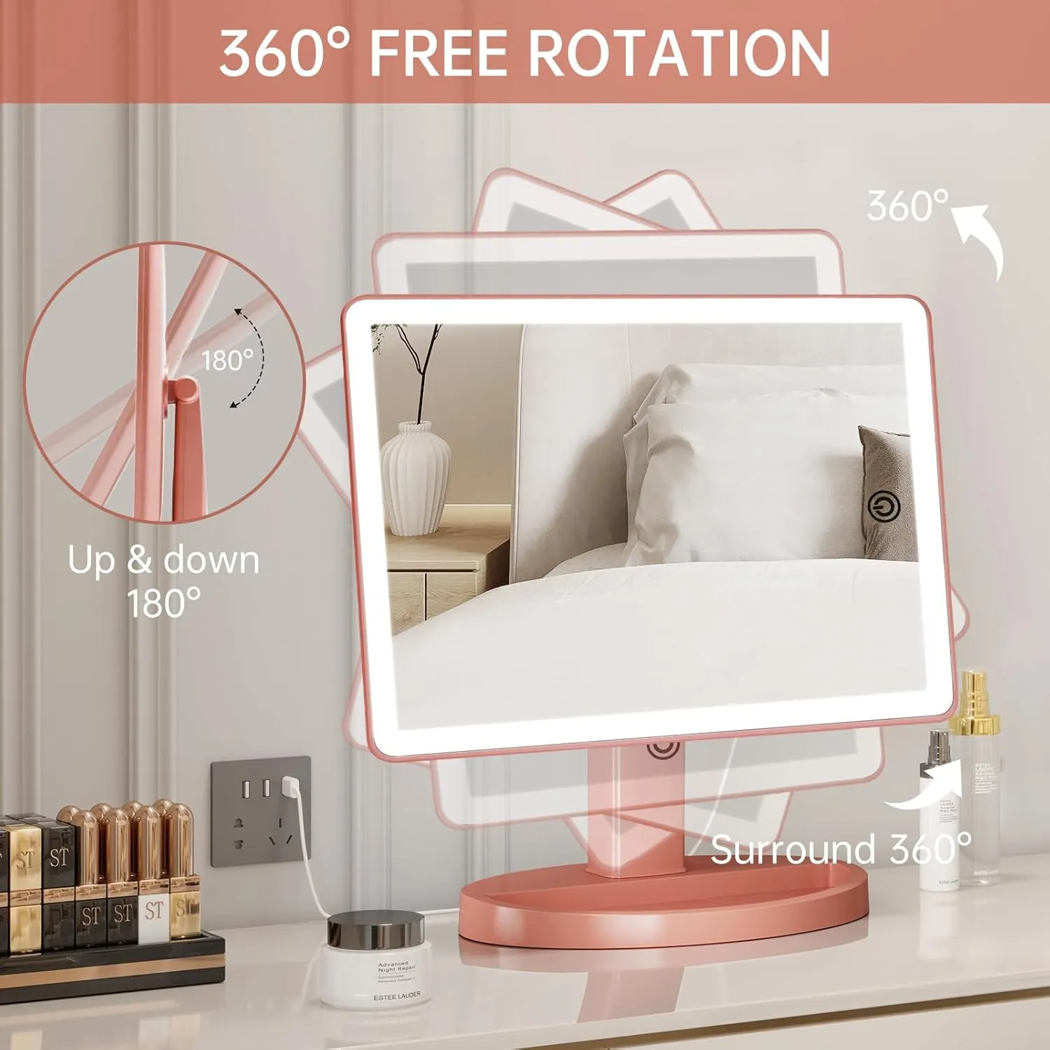 Funtouch Large Lighted Vanity Makeup Mirror, 14.56 in x 8.97 in, 88 LED, 360 Rotation Touch Screen, 10X Magnification Tabletop Cosmetic Make Up Mirror, Rose Gold