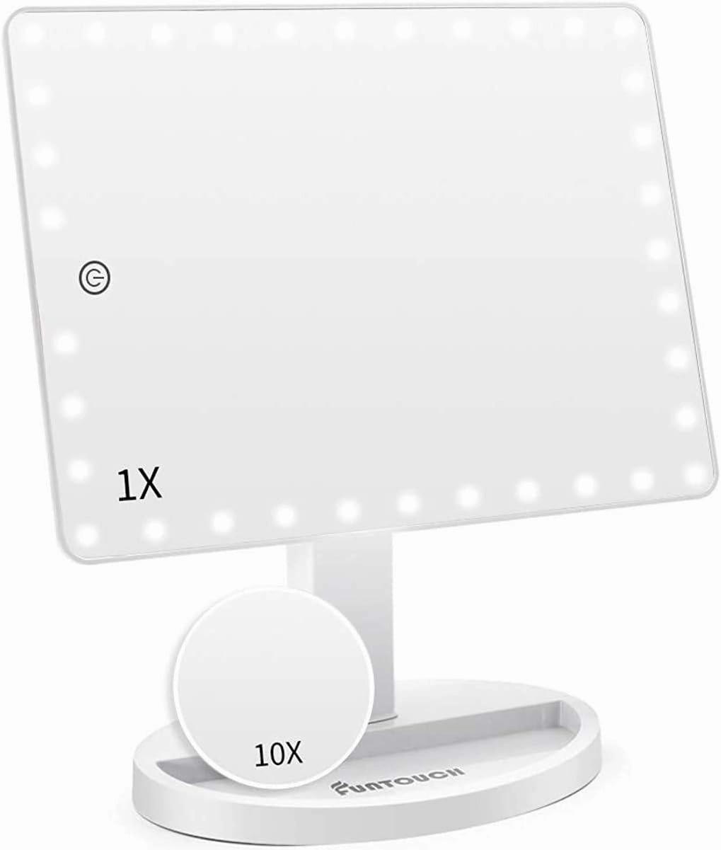 FUNTOUCH Large Lighted Makeup Mirror with Lights, Light Up Mirror with Small 10x Magnification for Desk, 360°Rotation Touch Screen,Brightness Adjustable Tabletop Cosmetic Vanity Make Up Mirror