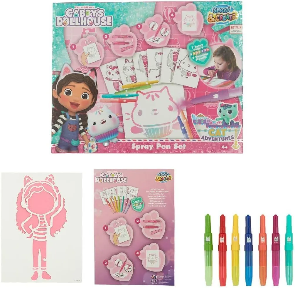 Gabby's Dollhouse - Spray Pen Set - Multicolor Brush Pens for Kids - Gabby's Dollhouse Coloring Set with 6 Reusable Stencils and 7 Multicolor Spray Pens - GD23364