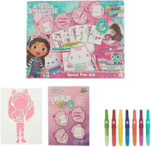 Gabby's Dollhouse - Spray Pen Set - Multicolor Brush Pens for Kids - Gabby's Dollhouse Coloring Set with 6 Reusable Stencils and 7 Multicolor Spray Pens - GD23364