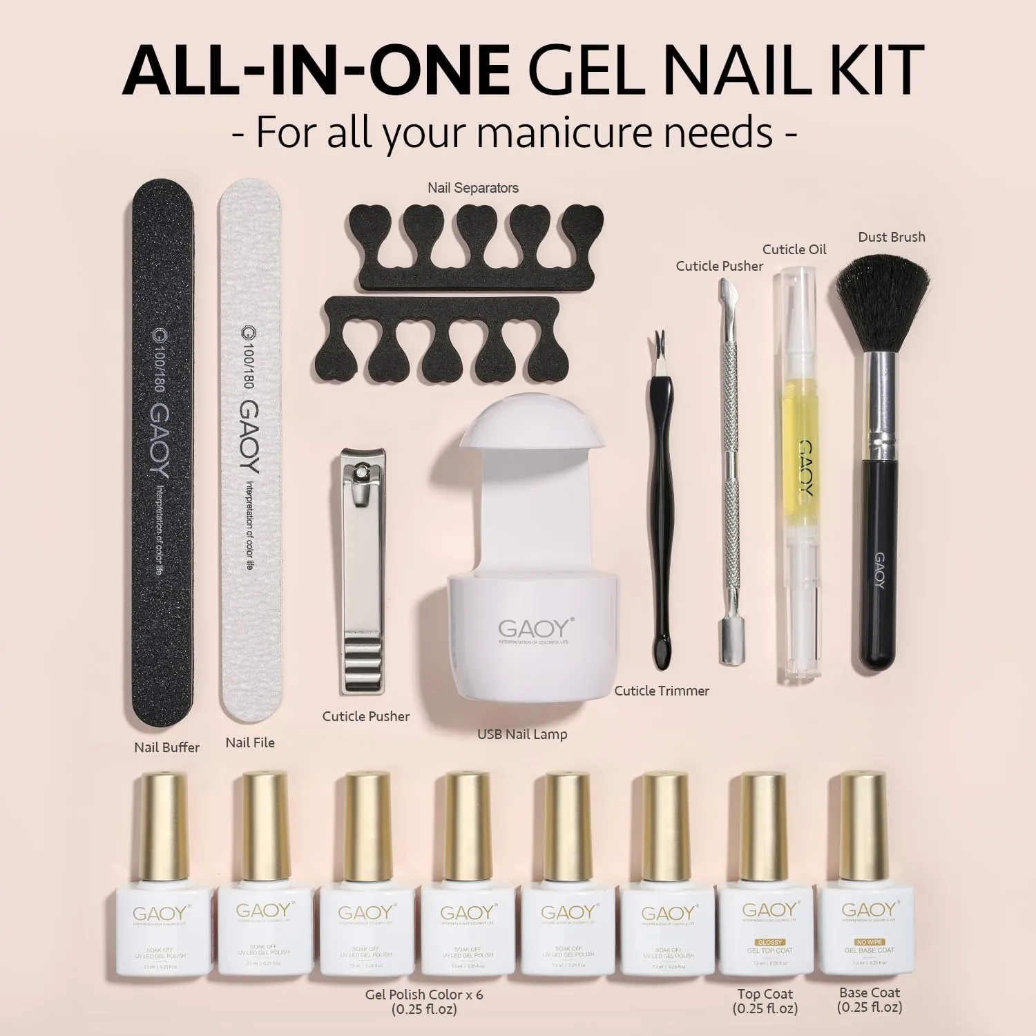 GAOY Gel Nail Polish Kit with UV Light for Beginners, 6 Colors Sheer Milky White Pink Orange, Gel Polish Kit with Top and Base Coat for Salon and Nail Art DIY at Home