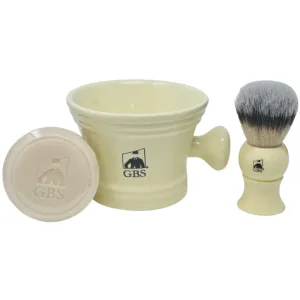 ​G.B.S Heavy Duty Ceramic Shaving Set – Ivory Mug with Knob Handle, Faux Ivory Handle Brush, 3 oz Natural Long-Lasting Lather Soap – Classic Wet Shaving Kit for Men