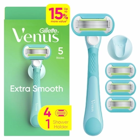 Gillette Venus Extra Smooth Razor for Women, Includes 1 Reusable Razor Handle   4 Refills, 5-Bladed, Ergonomic No-Slip Gel Handle and Shower Holder