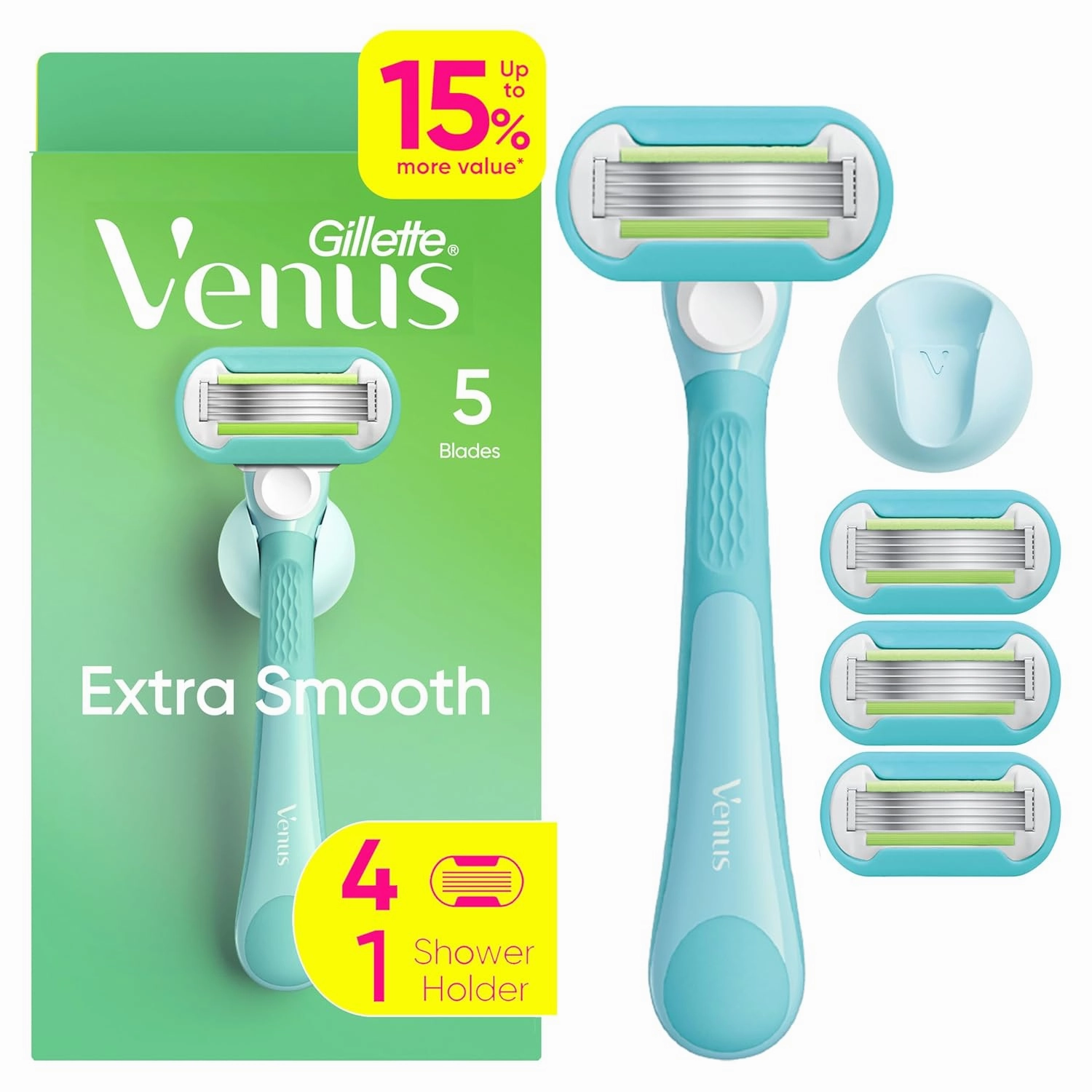 Gillette Venus Extra Smooth Razor for Women, Includes 1 Reusable Razor Handle   4 Refills, 5-Bladed, Ergonomic No-Slip Gel Handle and Shower Holder