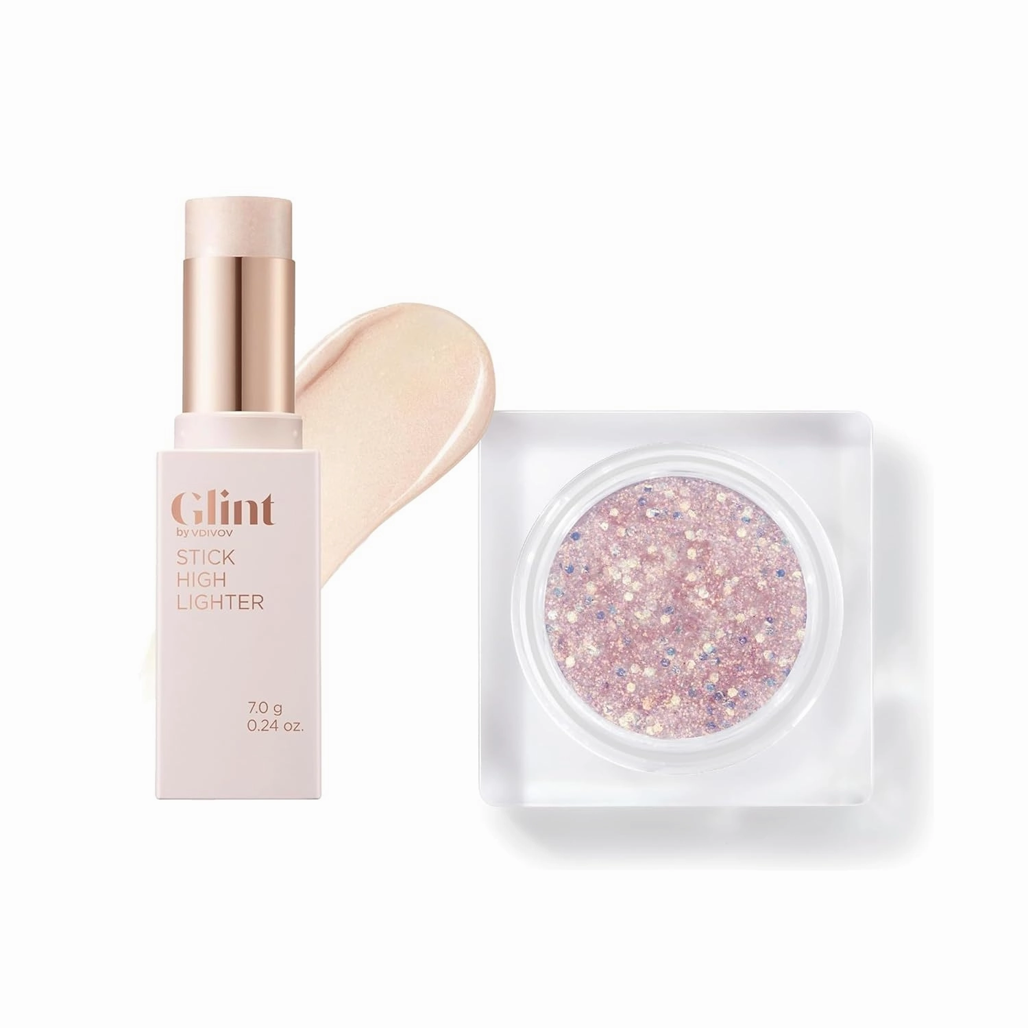Glint Face & Body Glitter Gel (Mood Fatal, 0.1oz) & Stick Highlighter (Dewy Moon, 0.24oz) - Multi-Use Makeup for Eyes, Cheeks, Body, and Hair. Rich Pigment, Long-Lasting Sparkle/Glitter for Party, Fes