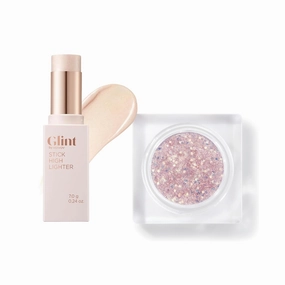 Glint Face & Body Glitter Gel (Mood Fatal, 0.1oz) & Stick Highlighter (Dewy Moon, 0.24oz) - Multi-Use Makeup for Eyes, Cheeks, Body, and Hair. Rich Pigment, Long-Lasting Sparkle/Glitter for Party, Fes