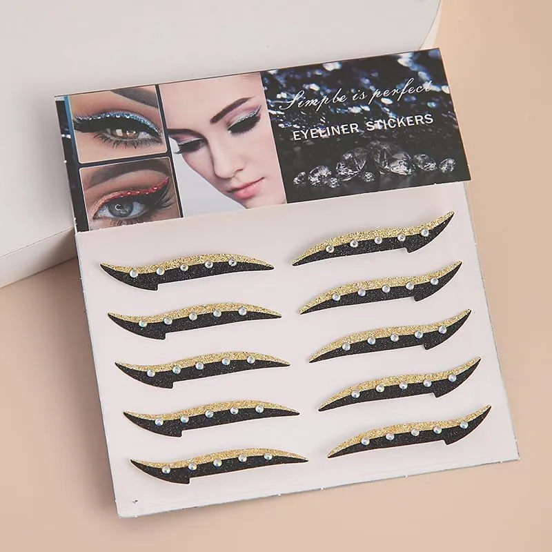 Glitter Eyeliner Stickers with Rhinestones Adhesive Eye Line Strip Reusable Eyeshadow Stickers,Eyeliner Sticker (Golden, 10 Pairs)