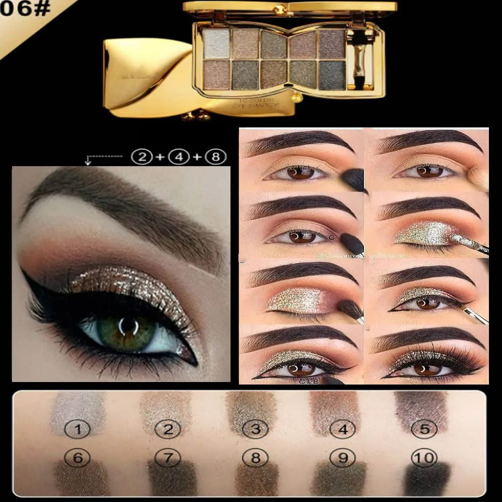 Glitter Eyeshadow Palette, 10 Colors Shimmer, Gold, Highly Pigmented, Long Lasting, Waterproof, Sweatproof, Professional, Nude