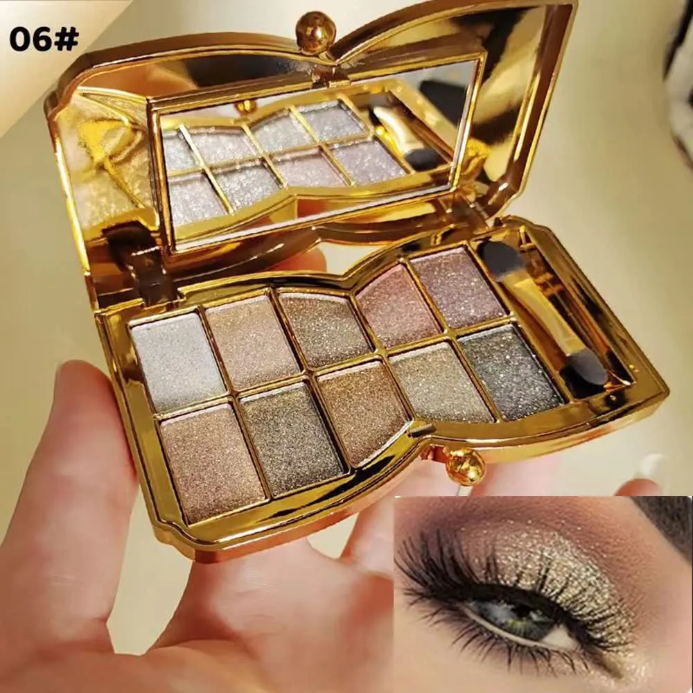 Glitter Eyeshadow Palette, 10 Colors Shimmer, Gold, Highly Pigmented, Long Lasting, Waterproof, Sweatproof, Professional, Nude