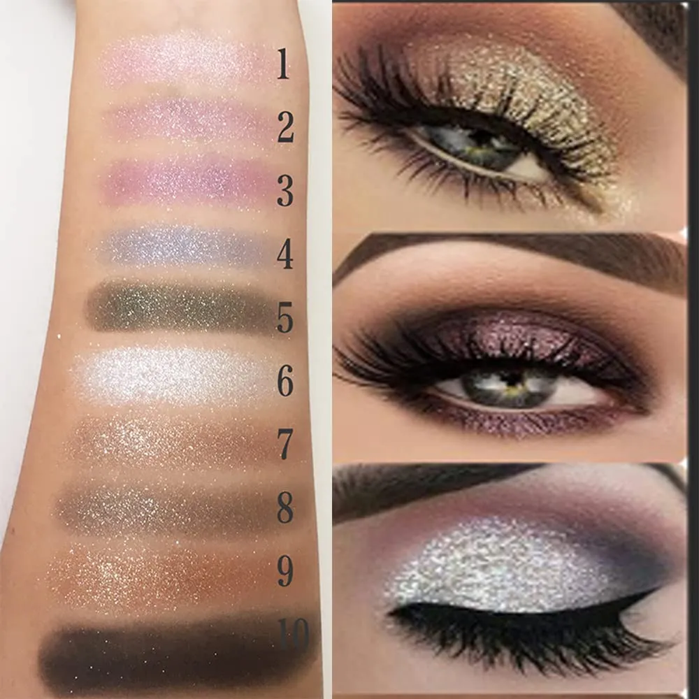 Glitter Eyeshadow Palette, 10 Colors Shimmer, Gold, Highly Pigmented, Long Lasting, Waterproof, Sweatproof, Professional, Nude