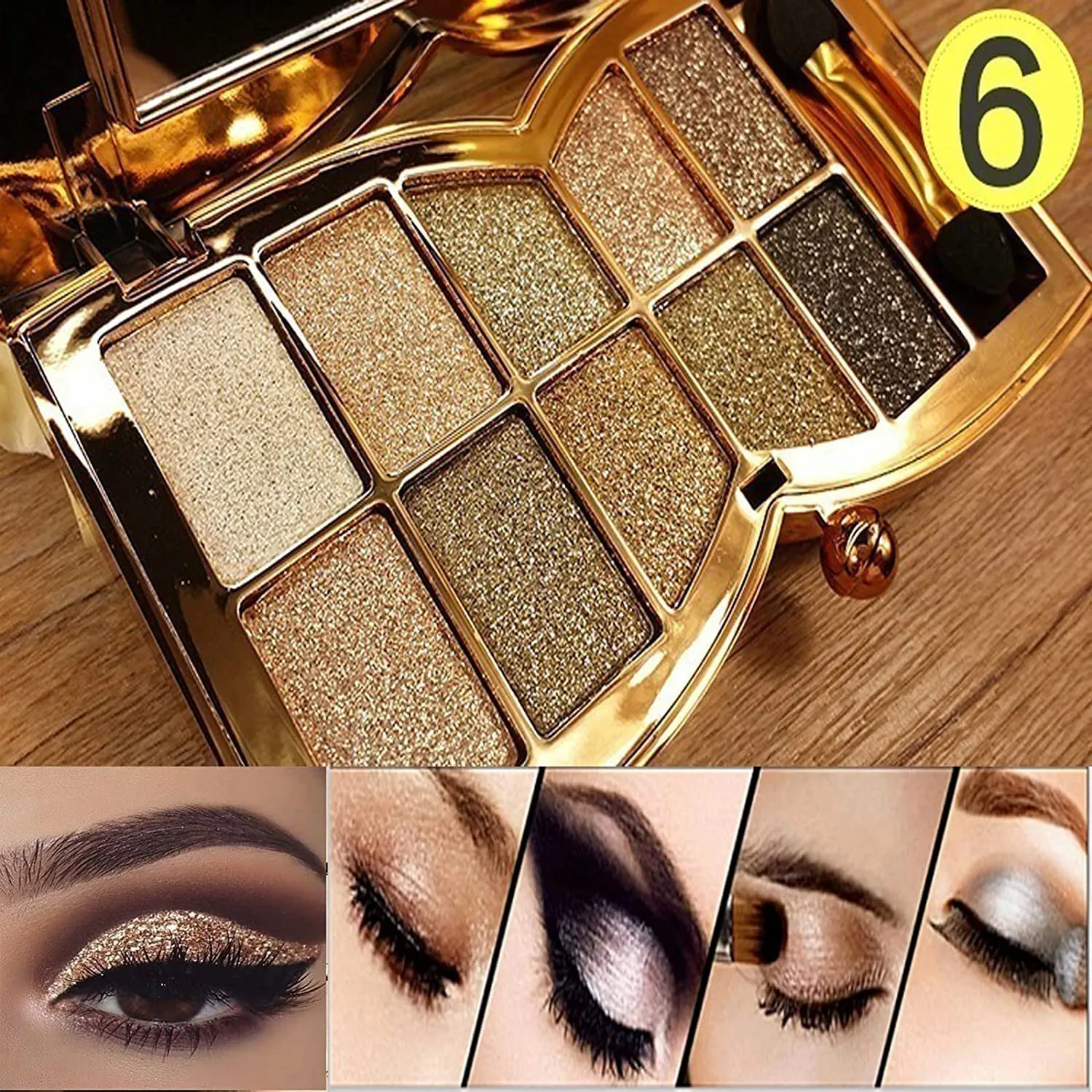 Glitter Eyeshadow Palette, 10 Colors Shimmer, Gold, Highly Pigmented, Long Lasting, Waterproof, Sweatproof, Professional, Nude