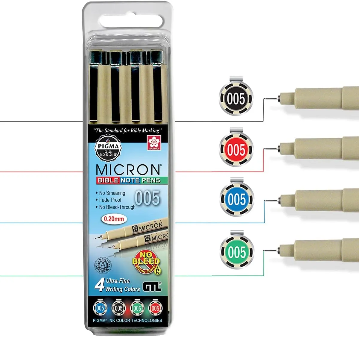 G.T. Luscombe Company, Inc. Pigma Micron 005 Ultra Fine Point Bible Note Pen Kit | No Bleed Pigmented Ink | Bible Safe | No Smearing or Fading | Black, Blue, Green, Red (Set of 4) | New Packaging |