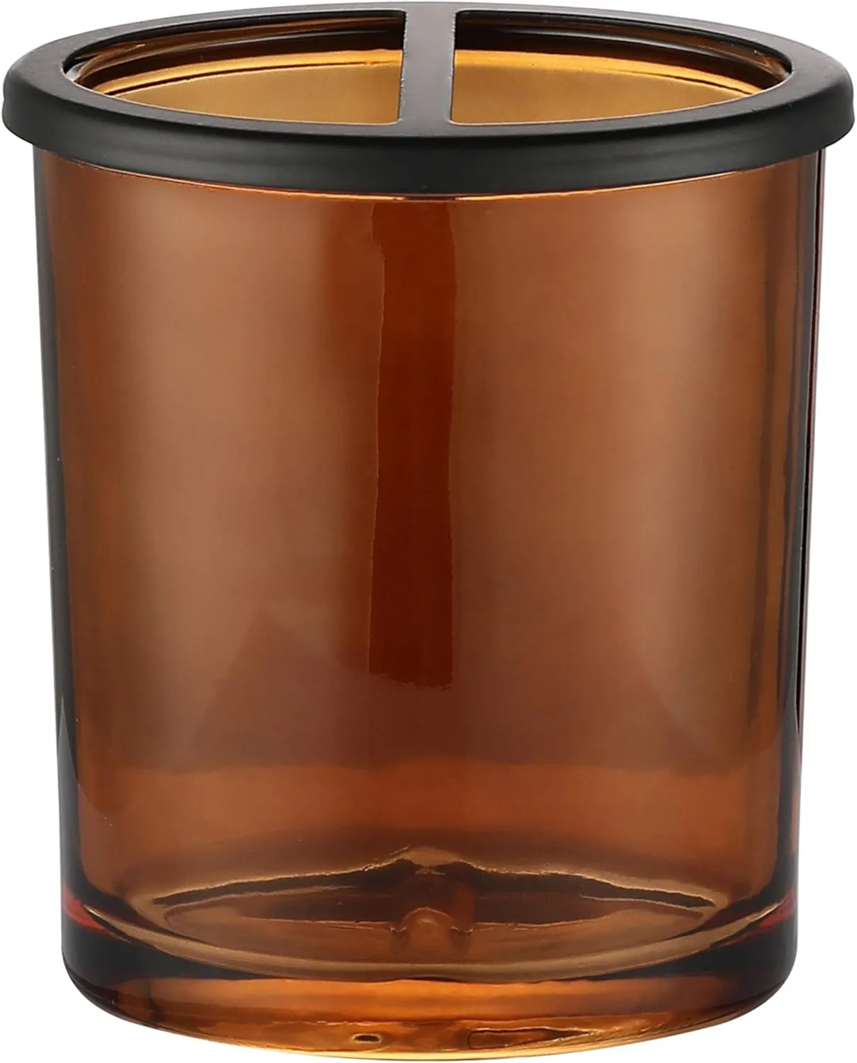 H Halston Amber Wide Glass Toothebrush Holder Large Enough for Electric toothbrushes, Heavy Weight Thick Organizer,Bathroom, Vanity Countertop, Makeup Brush, Matte Black Metal Top