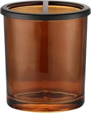 H Halston Amber Wide Glass Toothebrush Holder Large Enough for Electric toothbrushes, Heavy Weight Thick Organizer,Bathroom, Vanity Countertop, Makeup Brush, Matte Black Metal Top