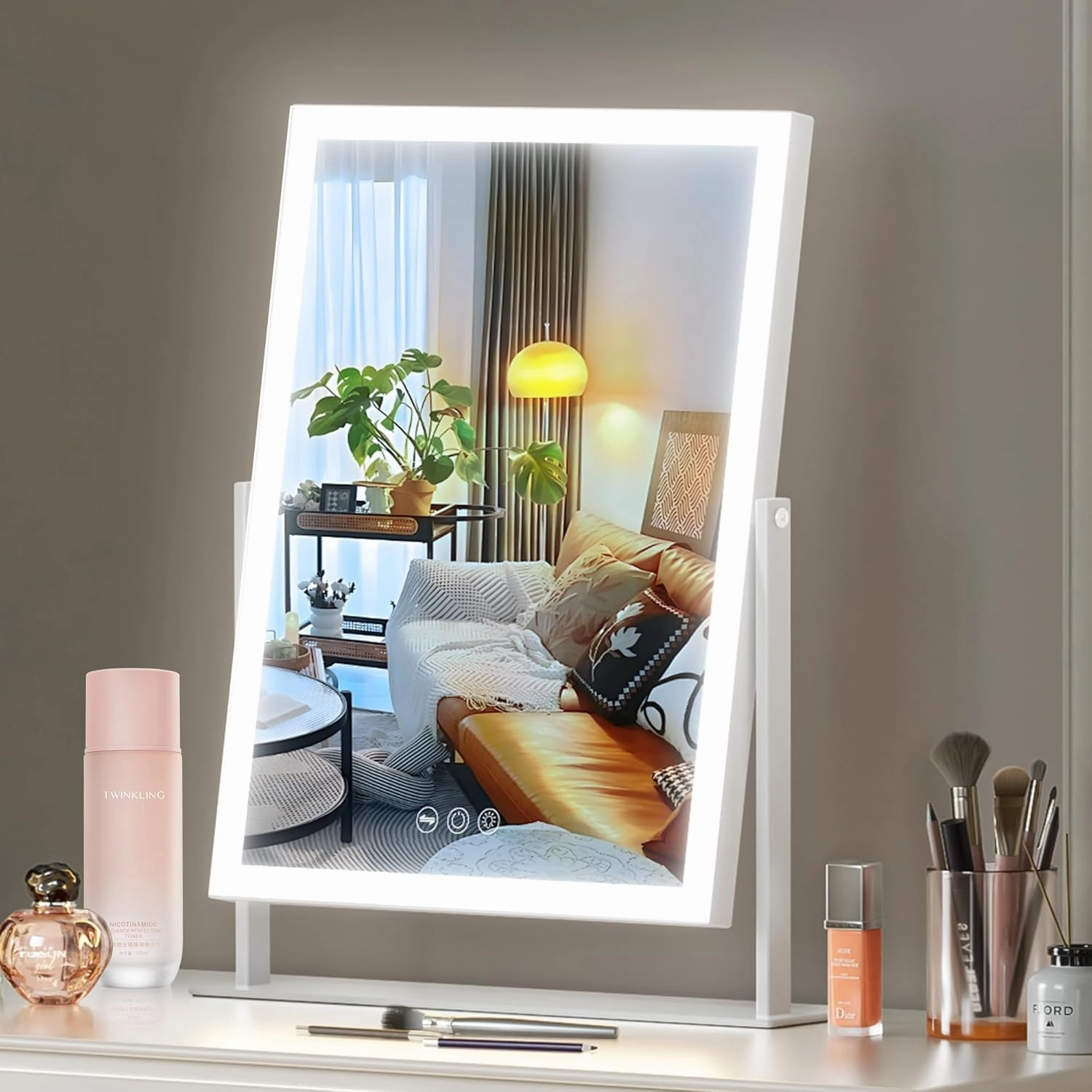 Hansong Led Vanity Mirror with Lights 11.8"×16" Lighted Makeup Mirror with 3 Modes Lights 10X Magnification Mirror Smart Touch Control Dimmable 360°Rotation LED Lighted Mirror for Makeup Desk Bedroom