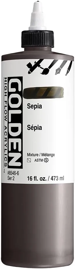 High Flow Acrylics by GOLDEN, Sepia, 16 fl. oz. Bottle, Professional Acrylic Paint, Semi-Transparent