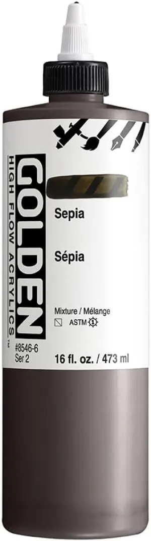 High Flow Acrylics by GOLDEN, Sepia, 16 fl. oz. Bottle, Professional Acrylic Paint, Semi-Transparent