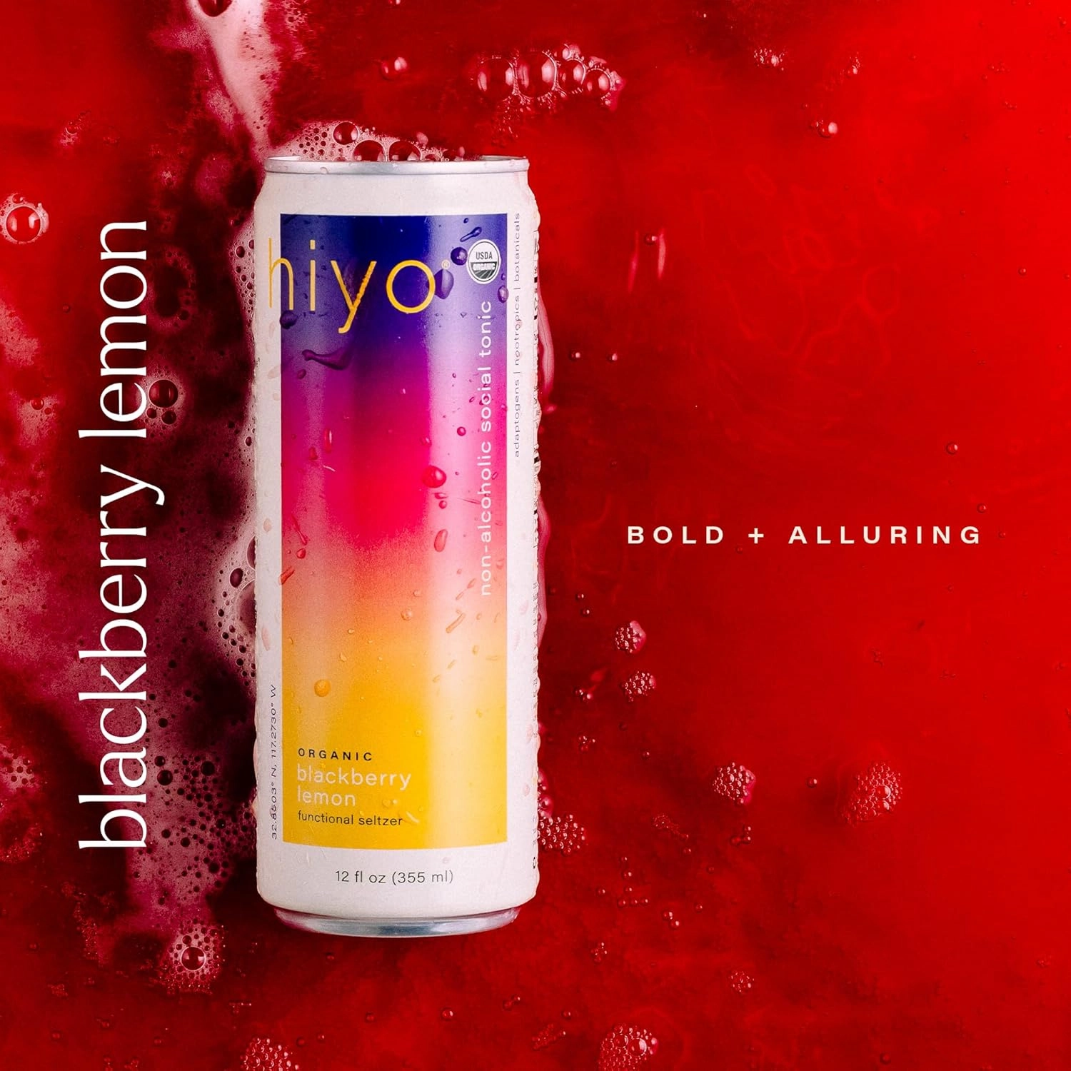 Hiyo Organic Social Tonic - Blackberry Lemon, 12 Pack - N.A. Functional Seltzer, Sparkling Water Crafted with Organic Adaptogens, Nootropics & Botanicals