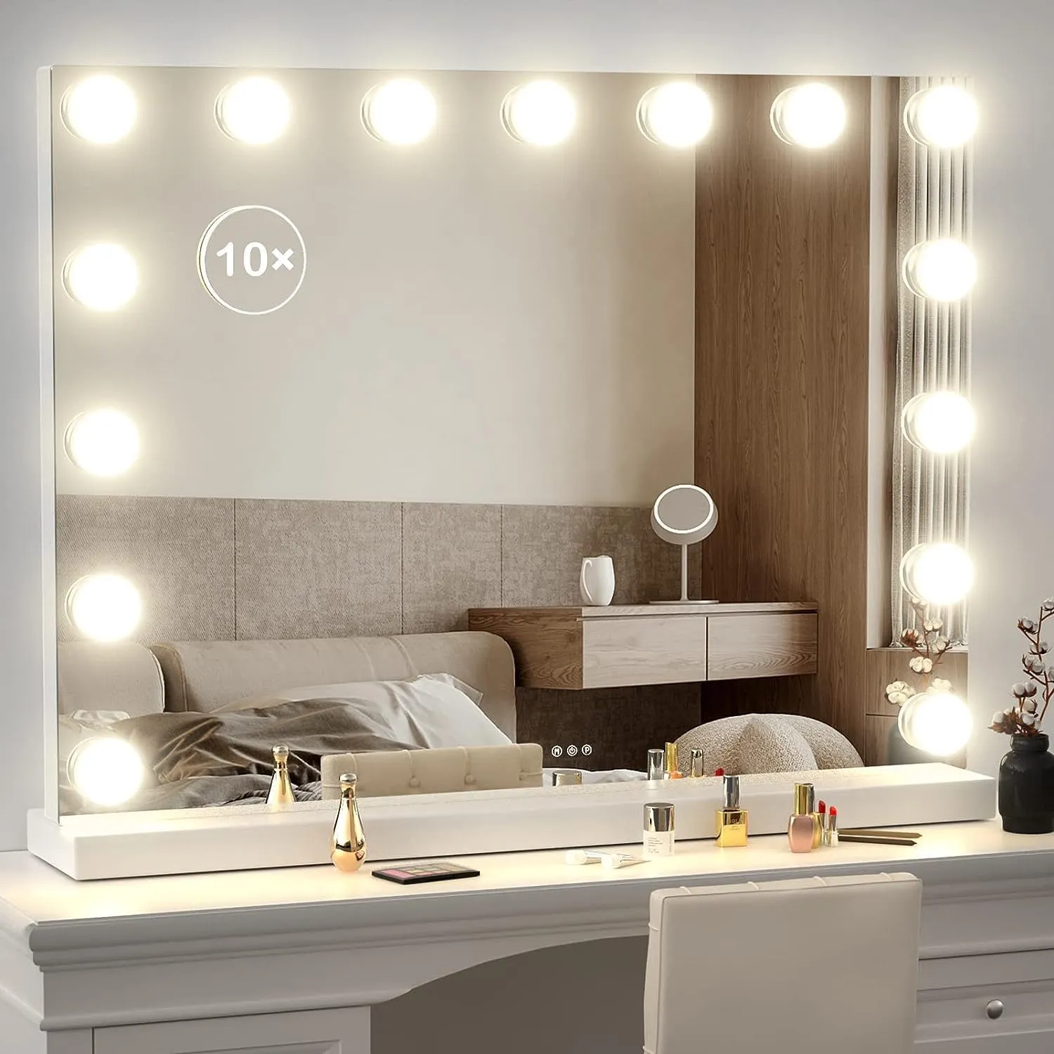 Hollywood Makeup Mirror with 15 LED Bulbs, 3 Light Settings (4500K-6500K), Smart Touch Dimming, 10X Magnetic Magnifier, USB Rechargeable Vanity Mirror – Gift for Women & Makeup Lovers