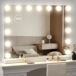 Hollywood Makeup Mirror with 15 LED Bulbs, 3 Light Settings (4500K-6500K), Smart Touch Dimming, 10X Magnetic Magnifier, USB Rechargeable Vanity Mirror – Gift for Women & Makeup Lovers
